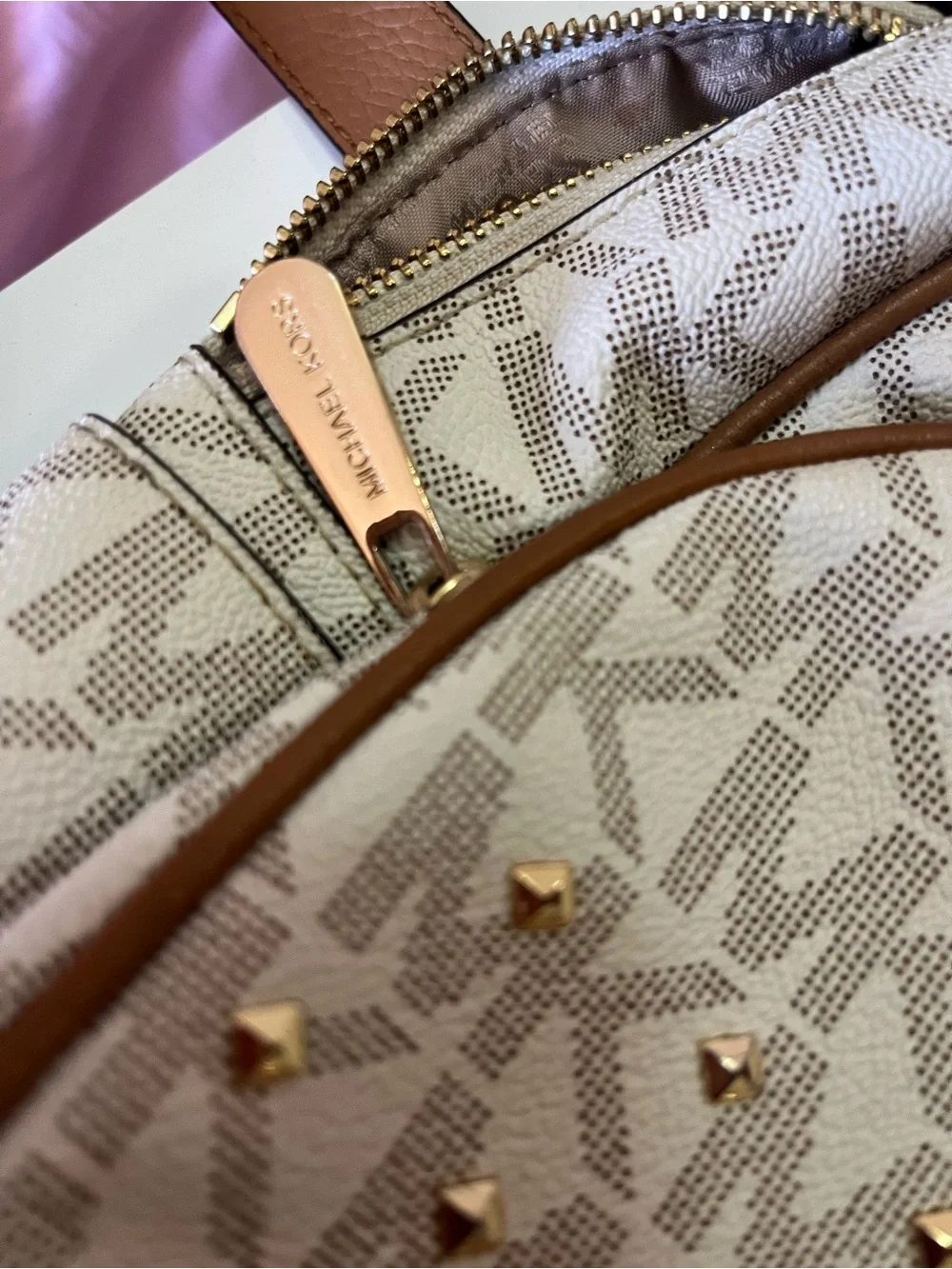 Michael Kors Beige and Brown Studded MK Logo Backpack